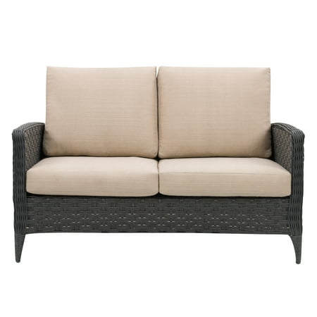 Corliving Charcoal Grey Wide Rattan Wicker Patio Loveseat