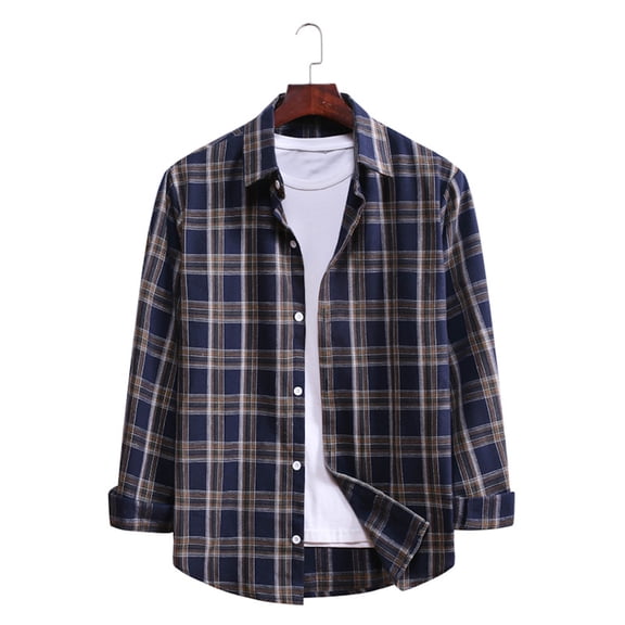 Button Down Shirt Men Long Sleeve Casual Fashion Collar Regular Fit Flannel Shirt Lightweight Versatile Fall Plaid Classic Basic Tops With Pocket Navy XL