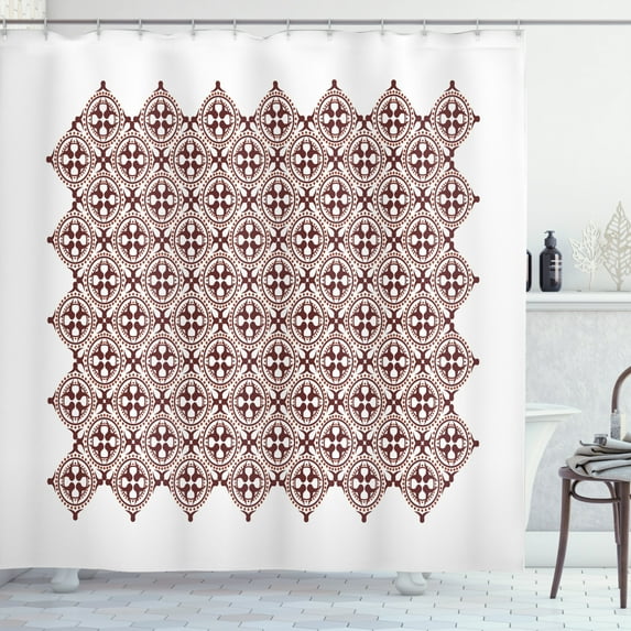 Brown and White Shower Curtain, Javanese Ethnic Batik Ornament Old Fashioned Cultural Vintage Tile, Fabric Bathroom Set with Hooks, 69W X 75L Inches Long, Brown and White, by Ambesonne