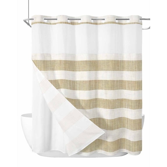 No Hook Cloth Fabric Shower Curtain with Snap in Liner, Cream Striped Waterproof Shower Curtains Set with See Through Top Window, Farmhouse Vintage Brown Stripes Bath Curtains Shower 66"x72"