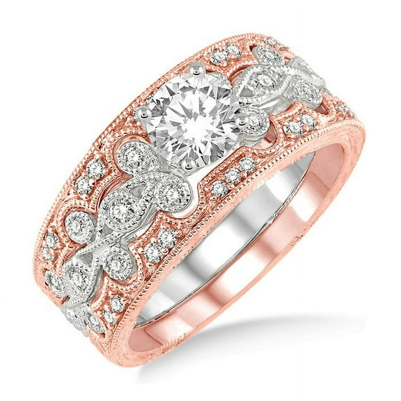 1.00 Carat Vintage Trio Bridal Set Engagement Ring with Princess Diamond in 10k White and Rose Gold