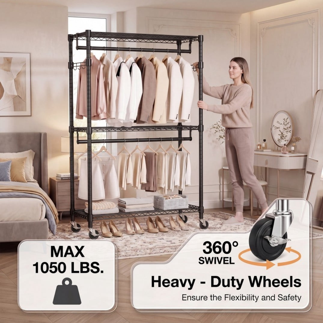 Heavy Duty Rolling Garment Rack, 3-Tier Adjustable Wire Shelving Clothes Rack with 2 Hanging Rods, Side Hooks & Lockable Wheels, Black