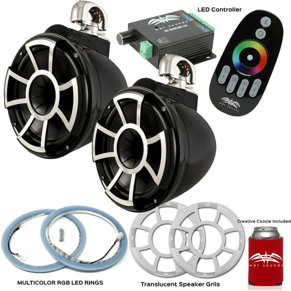 Wet Sounds REV10B-SC Swivel Clamp Tower Speakers with RGB LED Speaker Rings, Translucent Grills & LED Controller - Black
