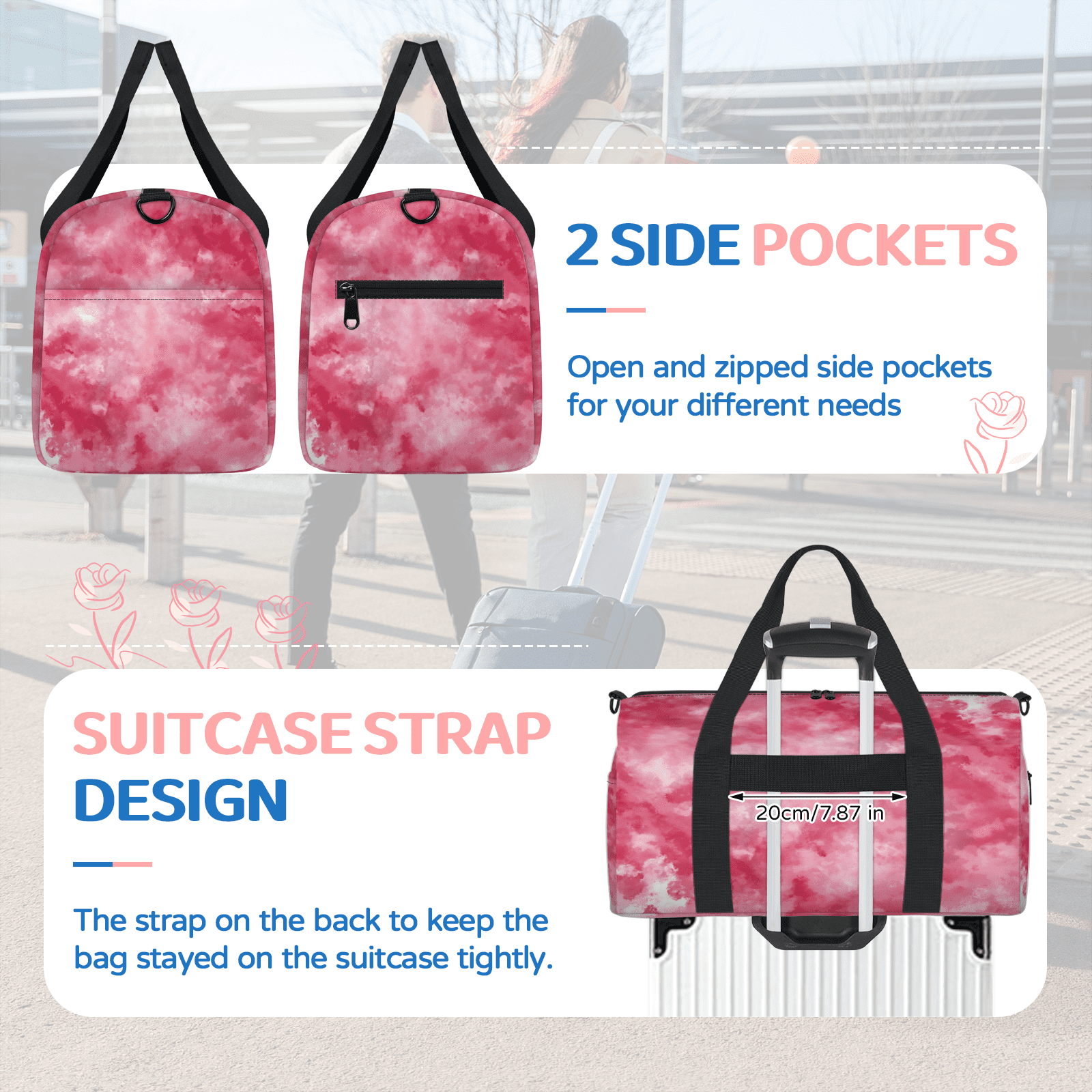 Herdesigns Tie Dye Gym Bag for Women, Duffle Bag for Travel Sport, Pink Lightweight Waterproof Carry on Weekender Dance Yoga Workout Bags