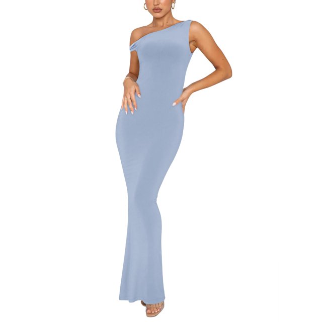 Vestido REORIA para verano, largo con un solo hombro, para bodas, color azul, talla XS