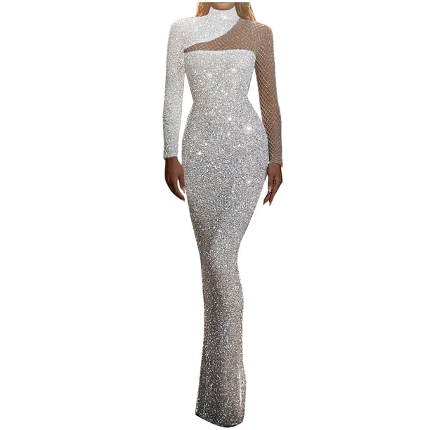 QATAINLAV Women's Sequin Dresses Elegant Sparkly Glitter High Neck Cocktail  Long Dress Casual Hollow Out Long Sleeve Evening Party Dress Mermaid  Wedding Dress My Orders Placed By Me Silver XXL - Walmart