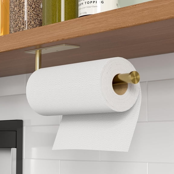 Paper Towel Holder Under Cabinet, Self-Adhesive,No Drilling, Stainless Steel, Wall-Mounted for Kitchen and Bathroom, Easy Install, Durable, Space-Saving, Ideal for Home, RV (Gold, 1 Pack)