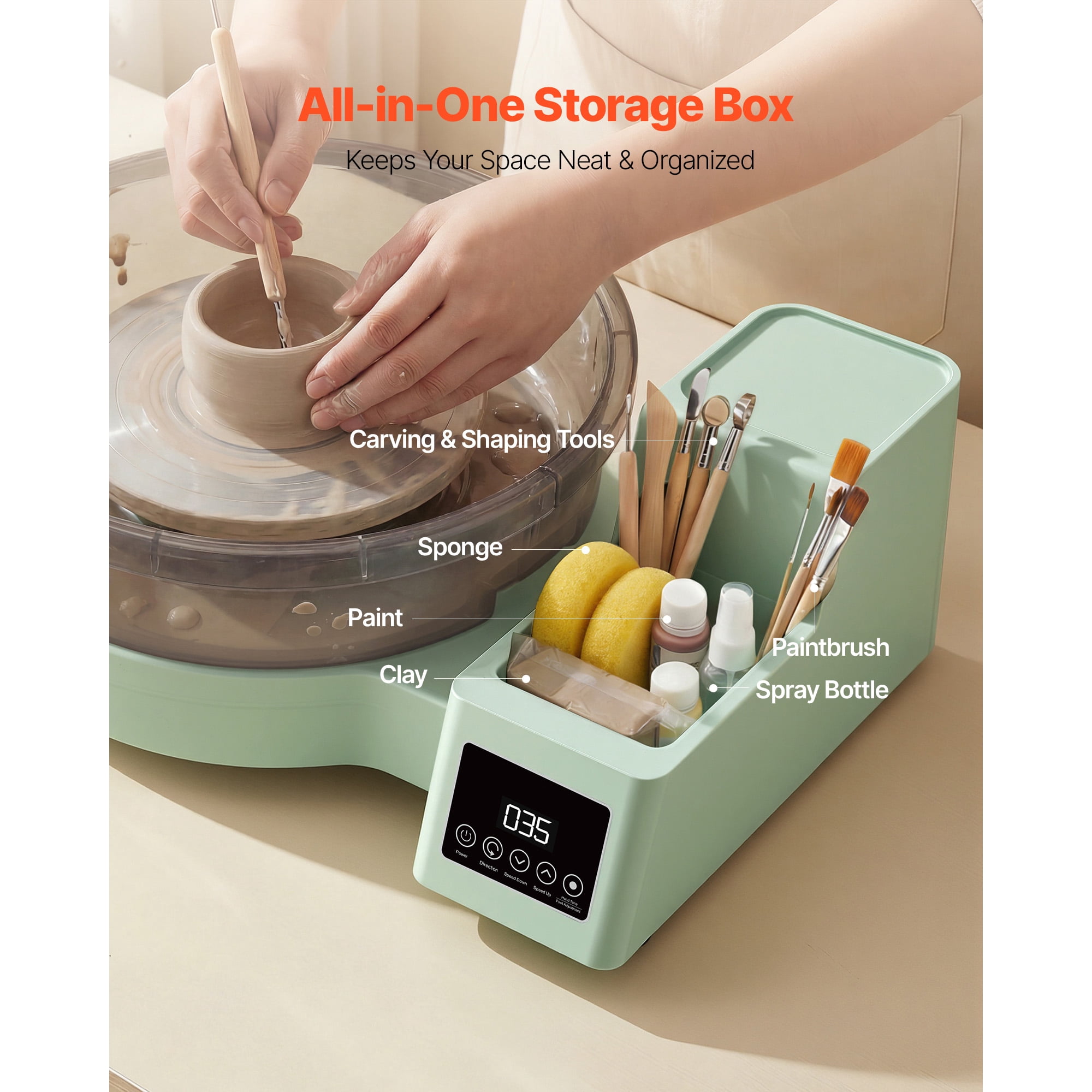 KFFKFF Electric Pottery Wheel for Adults, 14" and 11" Turntables, 450W Tabletop Ceramic Wheel with Foot Pedal, Adjustable Speed 30-300 RPM, Removable Basin, Ideal for Beginners and DIY Clay Projects