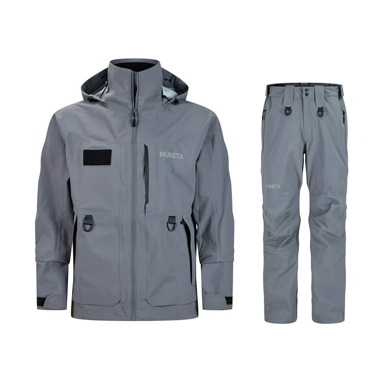 Muketa Fishing Rain Suit Breathable and Waterproof Wading Jacket & Bib Pants Set Pro All Weather Gear Overalls, Size: Medium, Gray