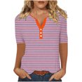 thumbnail image 2 of Plus Size Tops for Women Stripe Button V-Neck Printing Short Sleeves Blouse Casual T-Shirt Pink 2XL, 2 of 5