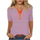thumbnail image 1 of Camiseta de Manga Corta para las Mujeres con Cuello en V de Impresión de Rayas con Botón, Blusa Casual para el Hogar Y Diario, 1 of 5