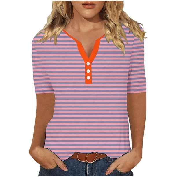 Camiseta de Manga Corta para las Mujeres con Cuello en V de Impresión de Rayas con Botón, Blusa Casual para el Hogar Y Diario