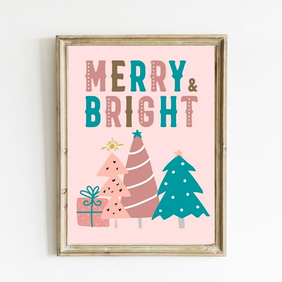 YaHaku Merry & Bright Poster | Boho Christmas | Christmas Decor Holiday Printables | Whimsical Christmas | Pink Christmas Poster