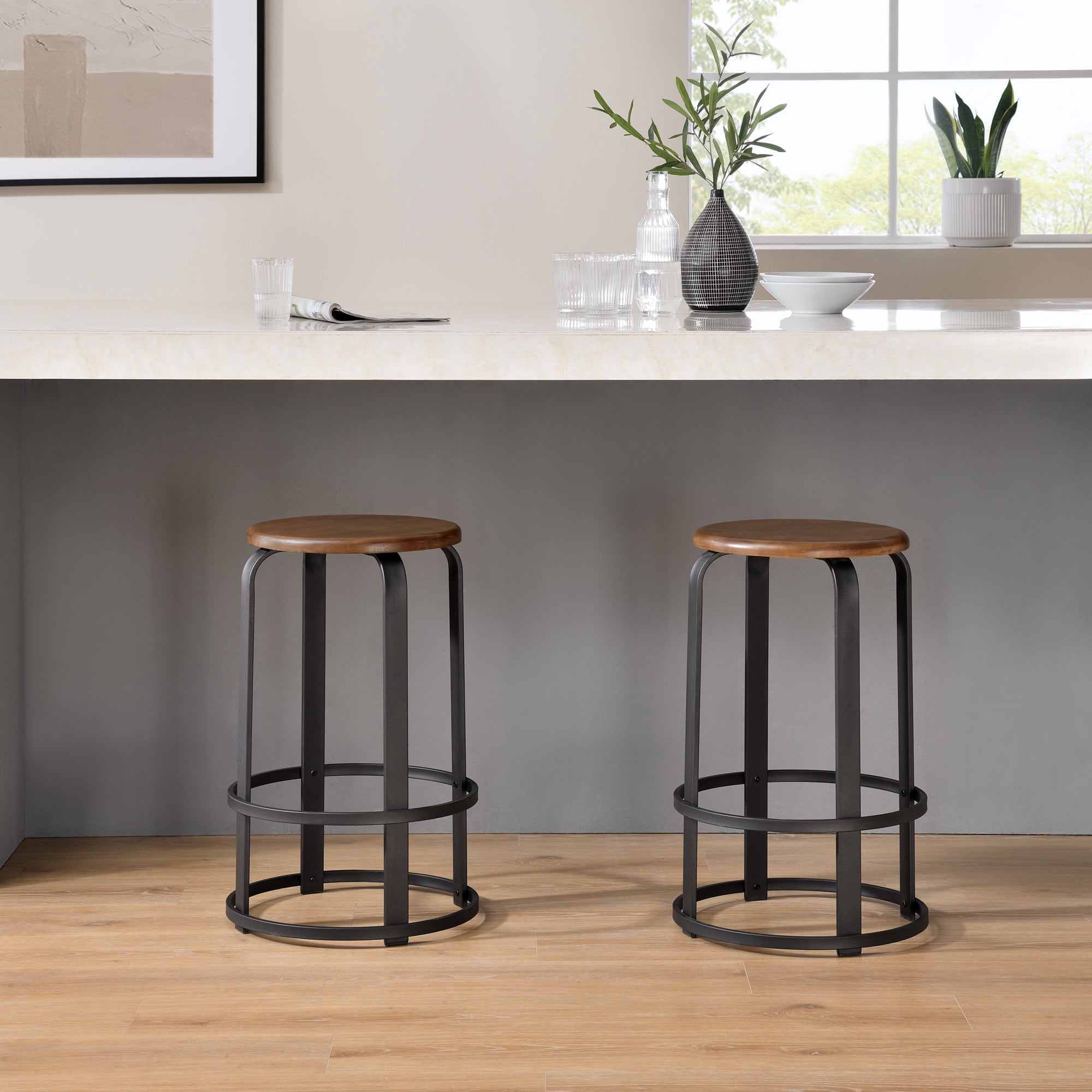 Walker Edison 26" Metal and Wood Round Kitchen Bar Stools - Dark Coffee/ Black