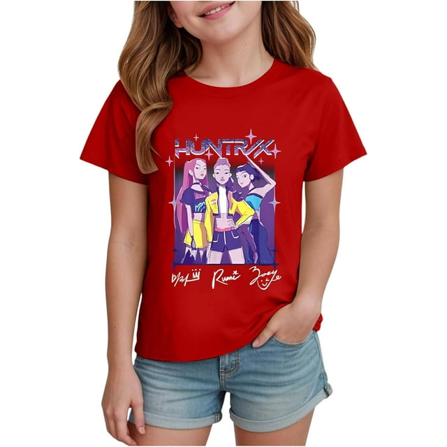 K pop Demon Chandail pour Filles, T-Shirt Graphique Mignon avec Dessin Animé, T-Shirt Tendance et Drôle, Chandail pour Enfants, Hauts Roses, Manches Courtes, Col Ras du Cou
