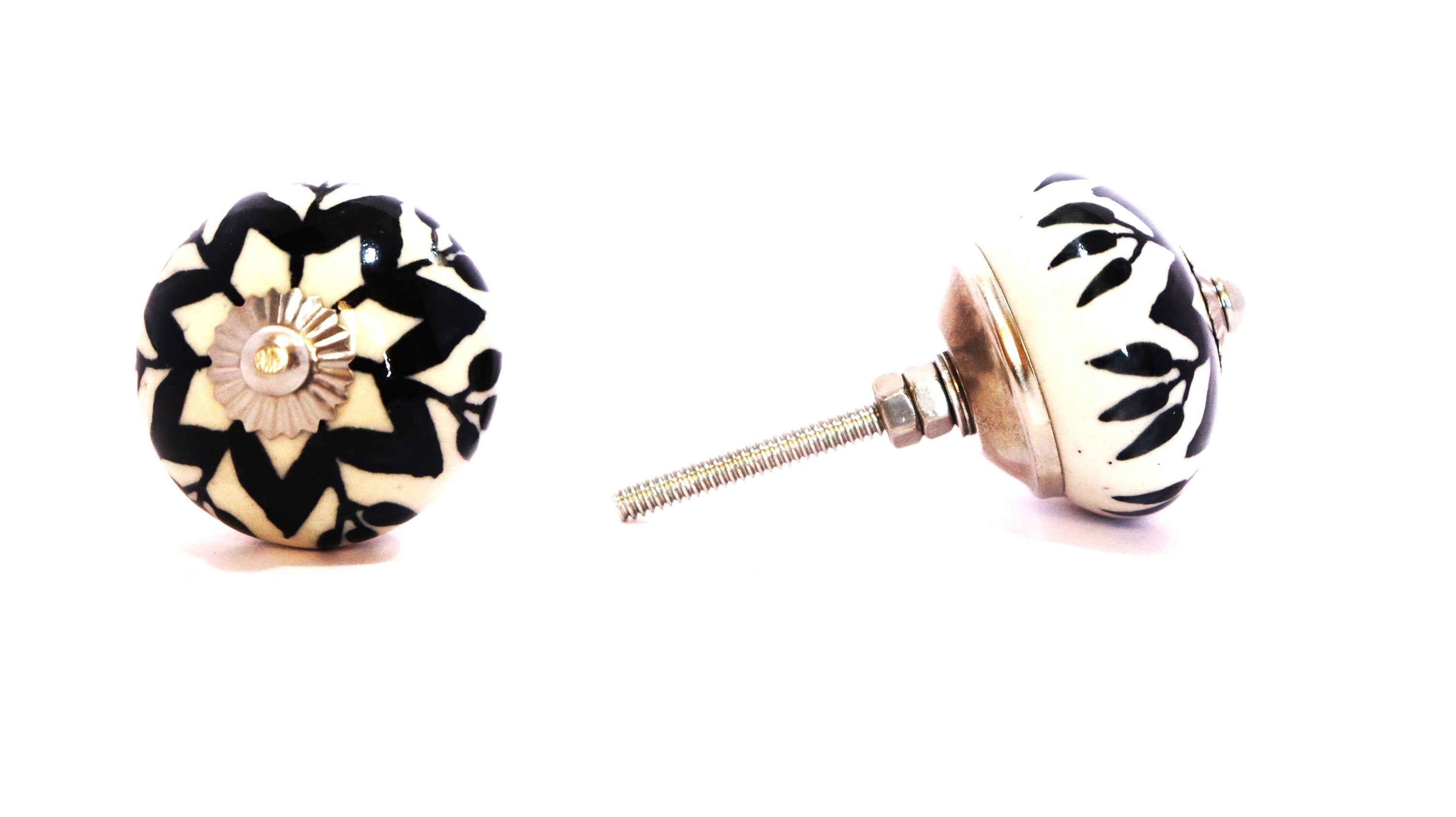 10 PC of Cabinet Ceramic Knobs | Classic Black Designs| Drawer Closet Dresser Wardrobe Furniture Door| Nuts & Bolts Included