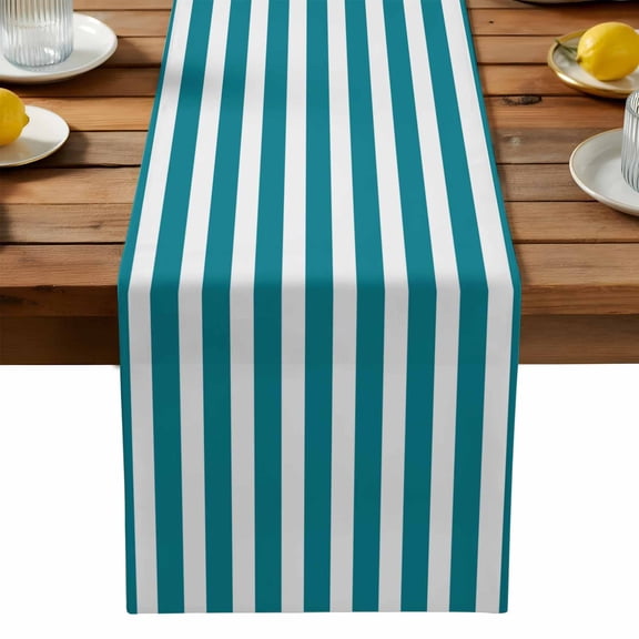 Teal Striped Cotton Linen Table Runner for Dining Kitchen, Simple Art Vertical Stripe Farmhouse Wedding Outdoor Party Tablerunners Decoration, Dresser Scarf Coffee Tablecloth Runners 13x108 Inches