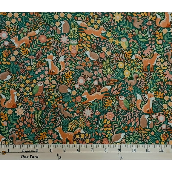 Cotton Hello Autumn Wildwoods Woodlands Forest Animals Flowers Meadows Makower Green Cotton Fabric Print by the Yard (MU-096-G)
