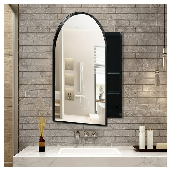 24x36 Inch Arched Recessed Medicine Cabinet, Metal Framed Bathroom Wall Cabinet with Mirror and Adjustable Shelves