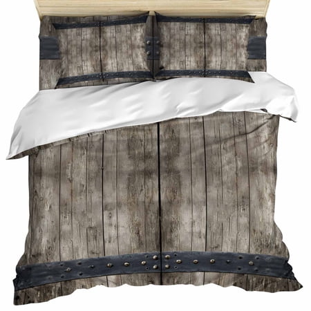 Vintage Wooden Set of 4 Bedding Quilt Covers Brown Black Farmhouse Country 4-Piece Bed Sheet Set with Extra Soft Bed Sheets Quilt Cover Pillowcase California King
