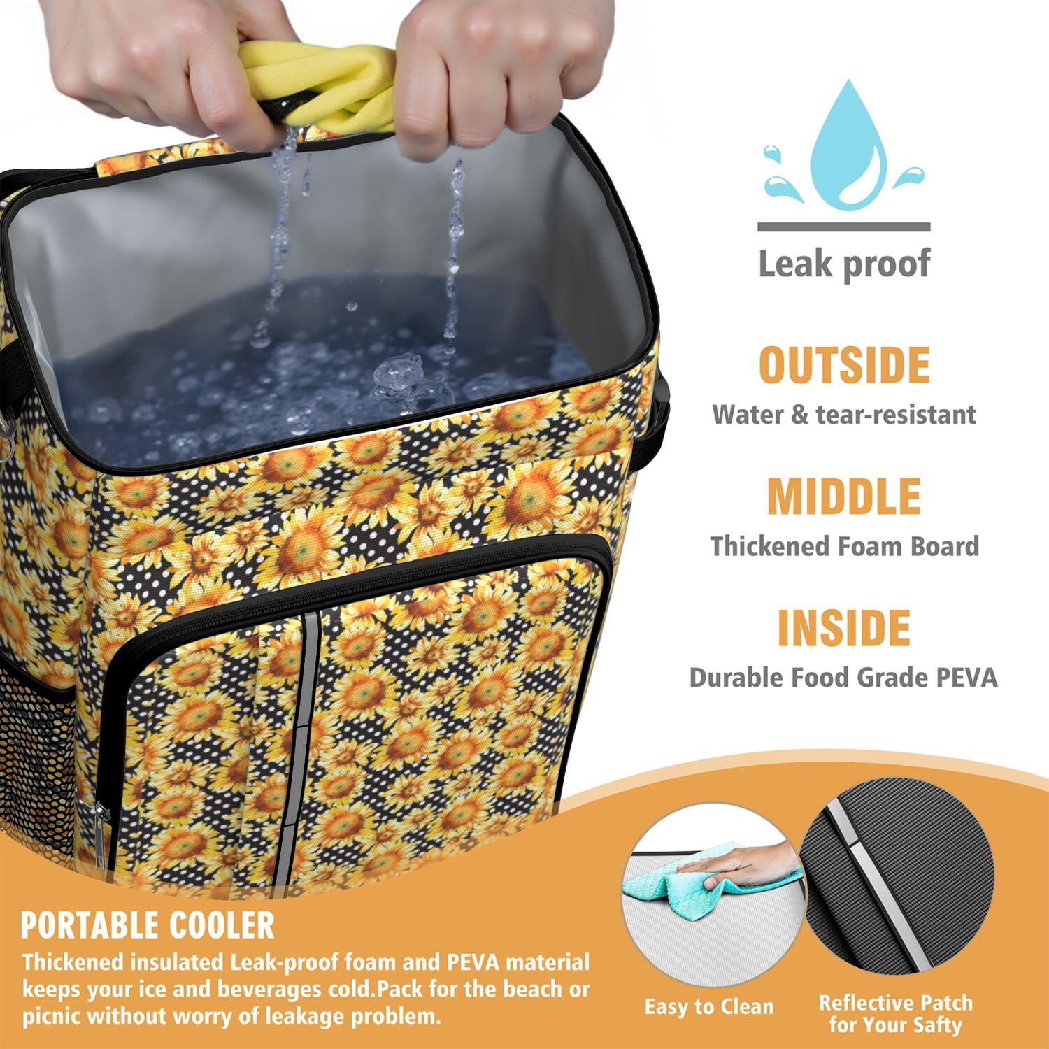Travel Cooler Bag - Black Sunflower Camping Beer Cooler Backpack with Bottle Opener- Waterproof Insulated Picnic Backpacks - Cooler Bag for Beach