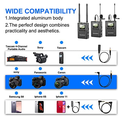 Pixel 100-Channel UHF Metal Professional Wireless Lavalier Microphone Dual Channel Receiver Compatible with DSLR Camera Phones Camcorders Used in Video Recording,Program Hosting and Interview 