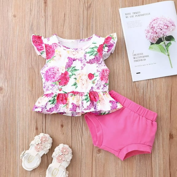 YEEDISON Summer 2pcs Sets Baby Girl Clothes Set Flower Print Ruffles Flying Sleeve Tops pink Briefs Breathable Baby Girl Outfit for 0-18M