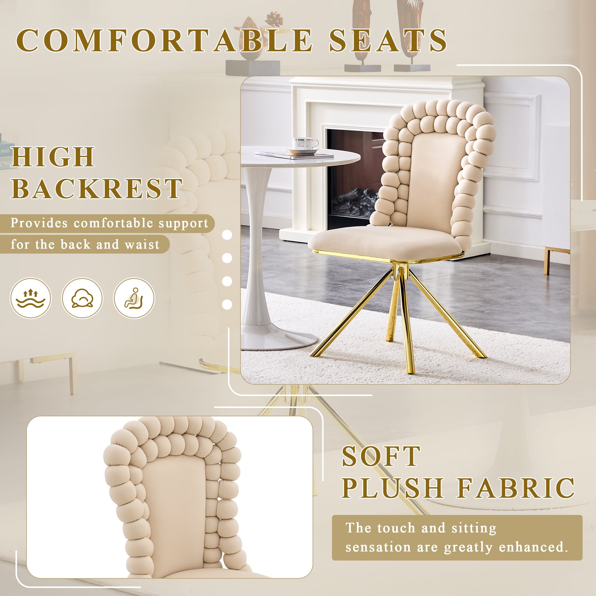 Alvantor Dining Chairs Set of 2, Modern Velvet Bubble Chairs with Metal Legs, Upholstered Accent Chairs for Dining Room & Kitchen Beige