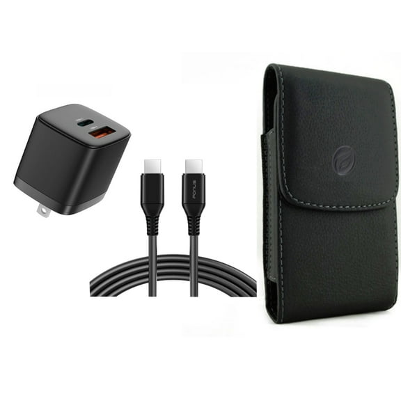 38W PD Home Charger & Case Belt Clip for iPhone 15 Pro Max - Fast Type-C 6ft Long Cable USB-C Power Cord and Leather Holster Cover Pouch P6O for iPhone 15 Pro Max (6.7")