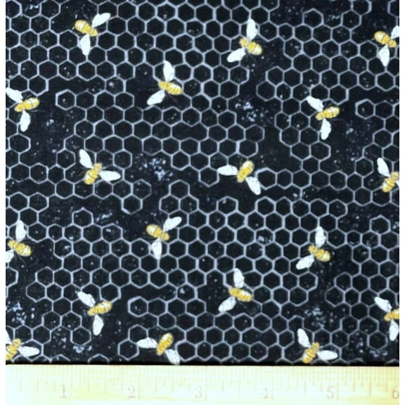 1 Fat Quarter - Bees on Black Honeycomb Cotton Fabric Cotton Fabric - 21" X 18"