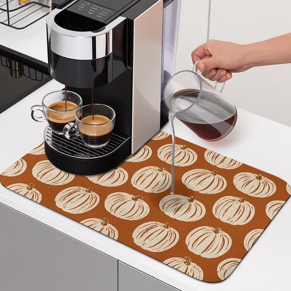 Orange White Pumpkin Dish Drying Mats for Kitchen Counter, Thanksgiving Fall Vintage Minimalist Pumpkin Absorbent Coffee Bar Mat with Non-slip Rubber Backed Quick Drying Dish Rack Pad 16"x24"