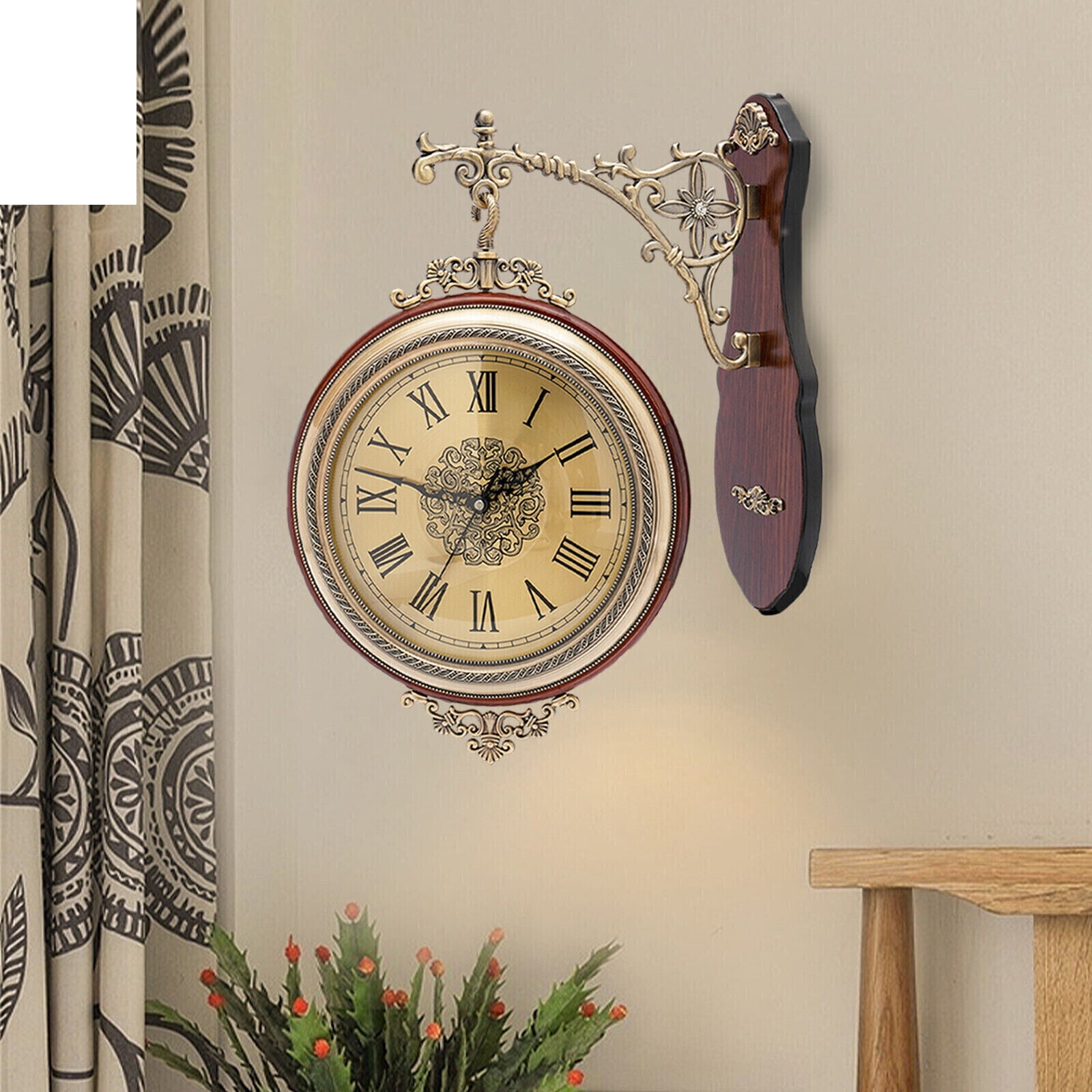 Vintage Wall Clock Quartz Clock Silent Non-Ticking Clock Wooden Double Sided for bedrooms, dining rooms
