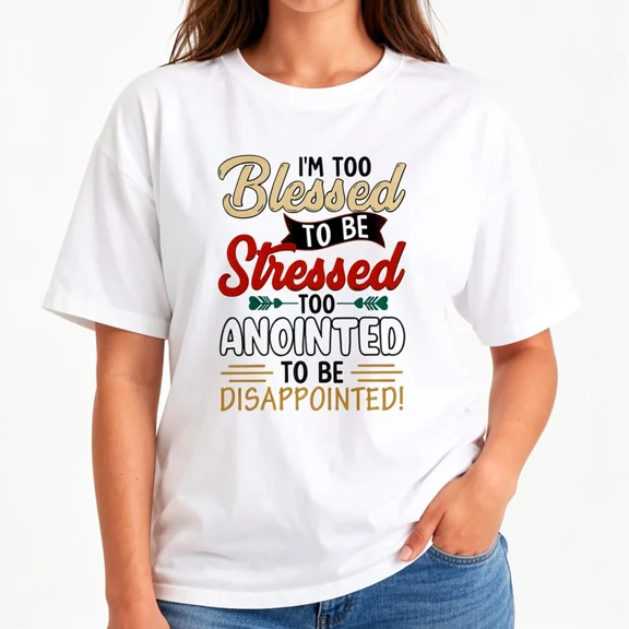 Women's Too Blessed to Be Stressed Graphic T-Shirt, Christian Faith Cotton Crew Neck Tee