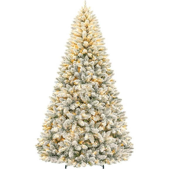 7.5 ft Snow Flocked Christmas Tree, Artificial Holiday Christmas Tree with 450 Warm White Lights, 1446 Frosted Tips, Metal Stand & Hinged Branches, Easy Assembly for Indoor Decorating