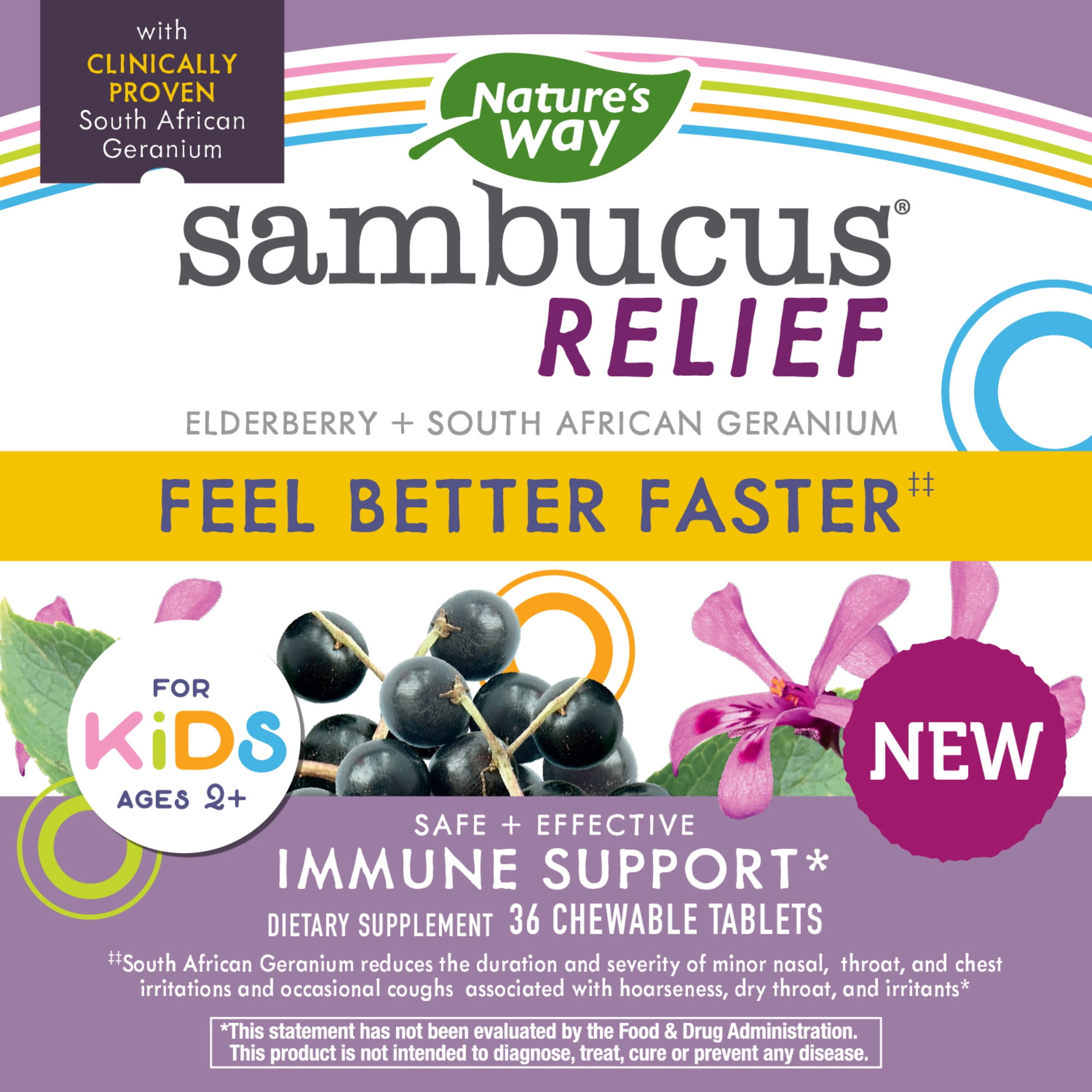 Nature’s Way Sambucus Relief Kids Immune Support Supplement* Chewables with Elderberry Extract, 36ct