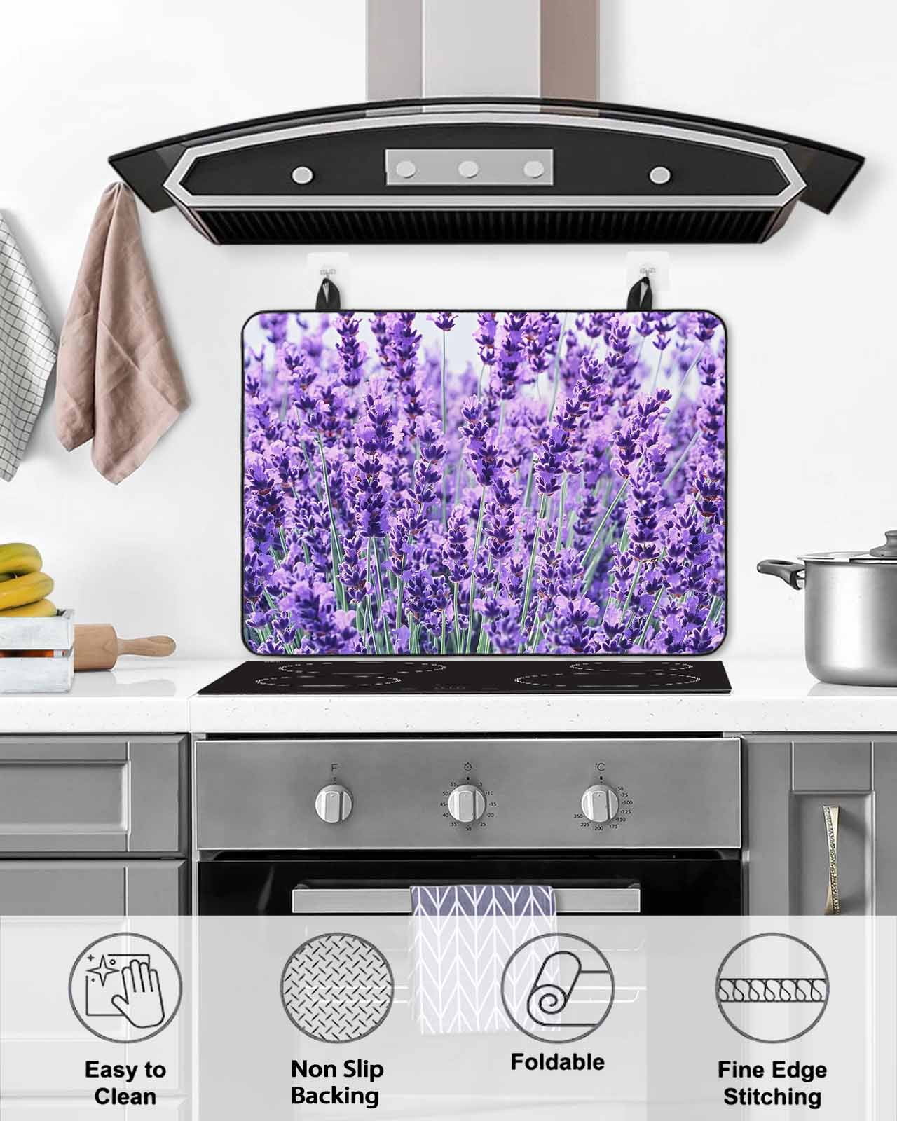 nqOlkjepod Large Induction Cooktop Protector Mat 24"x21", Lavender Botanical Art Stove Top Covers for Electric Stove, Verdant Flower Purple Decorative Stove Burner Cover Mats, Glass Top Stove Cover
