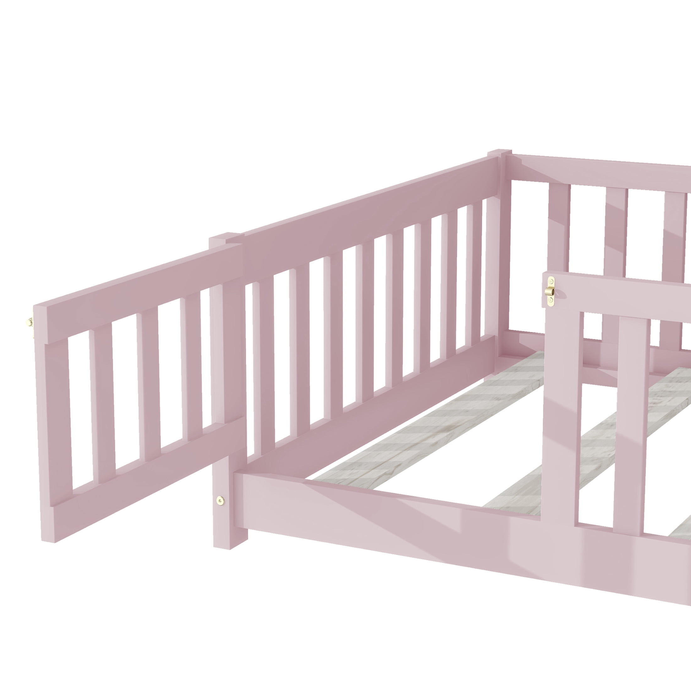 Noble House Mira Twin Floor Bed with Fence and Door, Sturdy Rubber Wood Montessori Bed Frame, Kid's Room, Pink