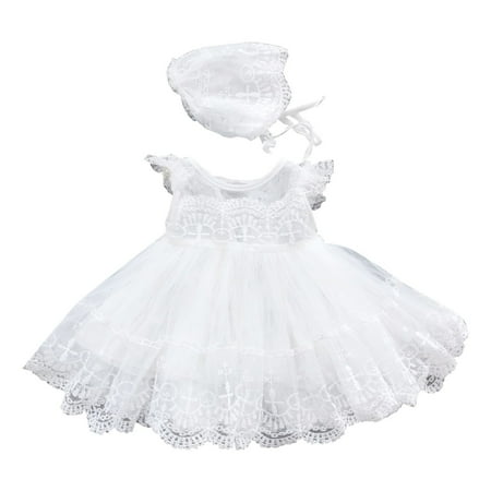 

ZRBYWB Newborn Baby Girls Dress Baptism Dress Infant Lace Crochet Tulle Dress Crew Neck Ruffled Sleeve Bubble Skirt Summer Clothes