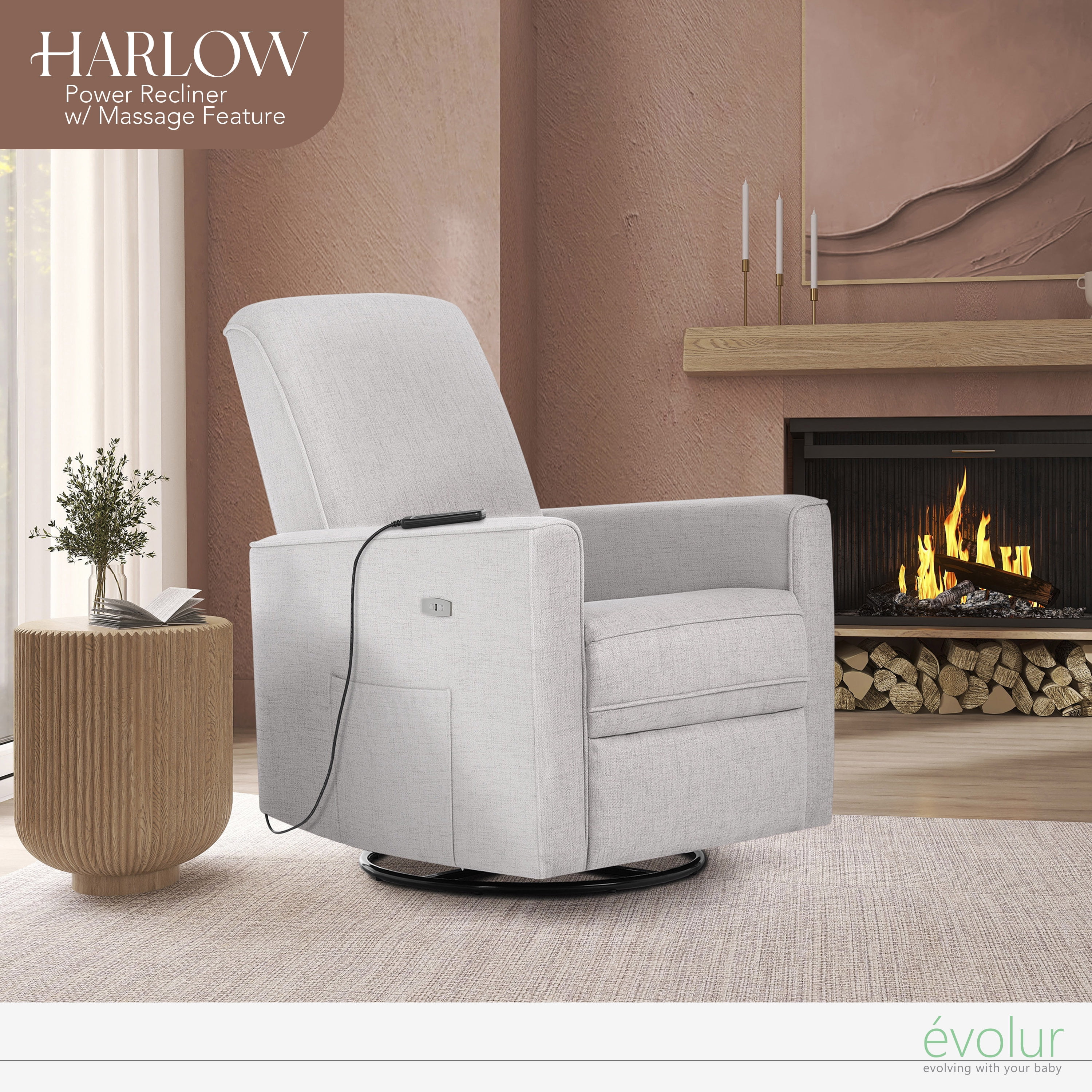 Evolur Harlow Deluxe Upholstered Glider, Power Recliner USB Port with in-Built Massager, Fog Grey