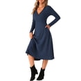 thumbnail image 4 of Vestidos de punto INSPIRE CHIC para mujer, vestido midi de canalé con manga larga, escote en V profundo, estilo envolvente, corte A, color azul marino, 4 of 6