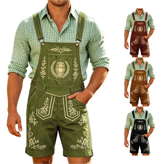XIAOCHA Mens Barrel Embroidery Lederhosen Wide Strap Shorts Oktoberfest Casual Pants Halloween Bottoms,Army Green,Sizes L