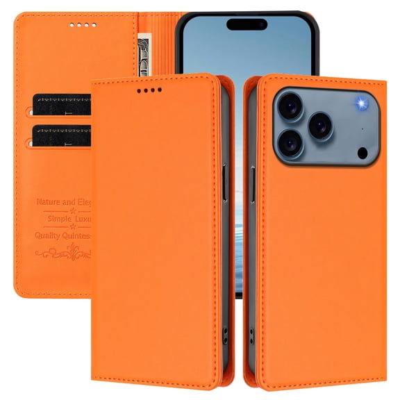 Dteck Wallet Case for iPhone 17 Pro, Flip Strong Magnetic Cover RFID Blocking Credit Card Holder Kickstand Shock-Absorbent Case,Orange