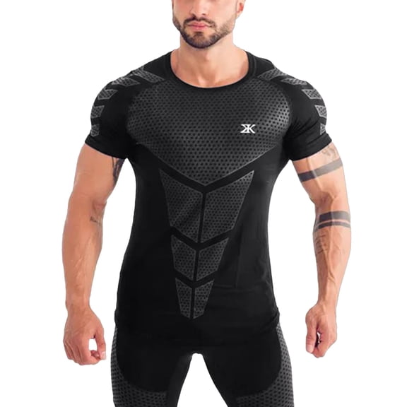 Trendfront Mens Compression Athletic T Shirts Crewneck Short Sleeve Slim Fit Geometric Muscle Print Workout Training Tee Tops