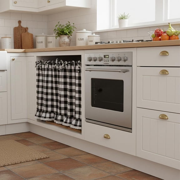 Modern Farmhouse Oven Skirt Curtain, Handmade Fabric Oven Curtains for Kitchen Decor, Ribbon Ties and Ruffle Trim, Dishwasher Cover to Hide Clutter, Gift for Mom and Housewarming Decor