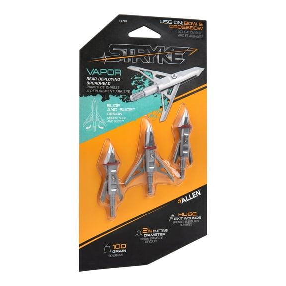 Stryke Vapor Rear Deploying 2-Blade Broadheads, 100-Grain, 3-Pack, Aluminum and Steel, 14786, Cool Gray