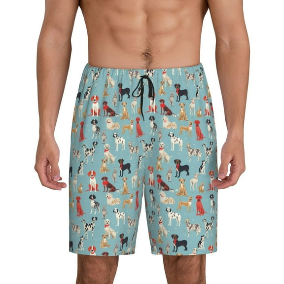 Logiee Animal Dog Print Men's Pajama Shorts with Drawstring & Pockets,Sleep Shorts for Men,Sleepwear Bottoms,Elastic Waistband Loungewear-Small