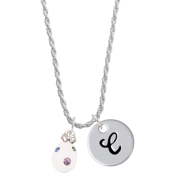 Delight Jewelry White Easter Egg with Color Crystal Dots Silvertone Script Initial Disc - C - Charm Necklace, 20"+3"