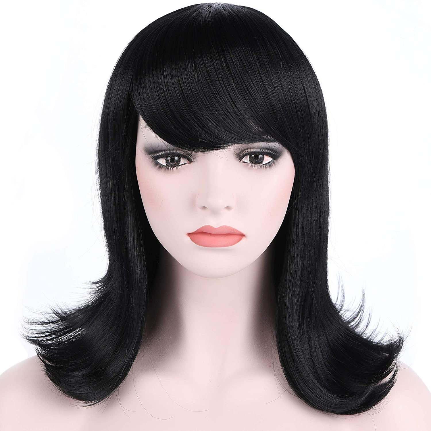 Onedor Women's Short Black Straight Hair 50s Cosplay Flip Wigs with Flat  Bangs (1 - Black) … 
