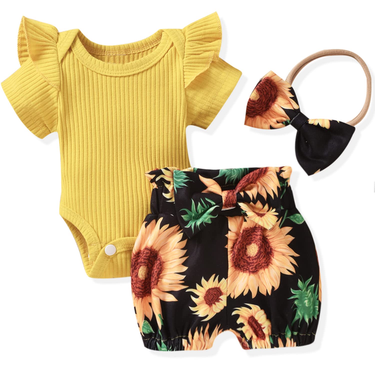 Aalizzwell Preemie Baby Girls Clothes Ribbed Short sleeve Bodysuit Sunflower Bloomer Shorts