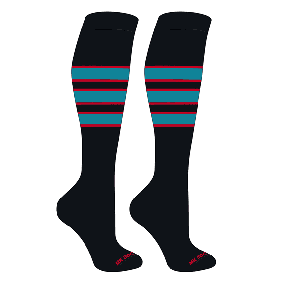 MK Socks Striped OTC Baseball, Softball, Football Socks (C) Black, Red, Marlin Teal (XS)